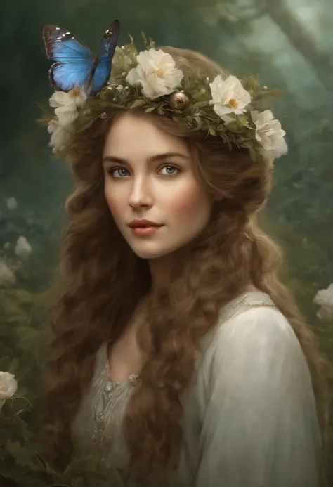 真实感, a painting, Fantastic tale, Christmas style, John Tolkien style, Small painting by Jean-Baptiste Monge, dark blonde with blue eyes and a flower crown in a field, gorgeous digital painting, beautiful fantasy art portrait, beautiful fantasy portrait, De...