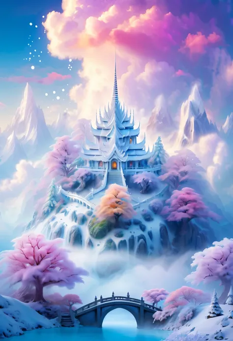 Dreamy Cloud and Mist Fairy Island，winter landscape，Divine light illuminates the snow-white temple，like a dream，Surreal wonderland，Overlapping clouds and fog，Colorful snowflakes are flying，The tree of life blooms with endless vitality