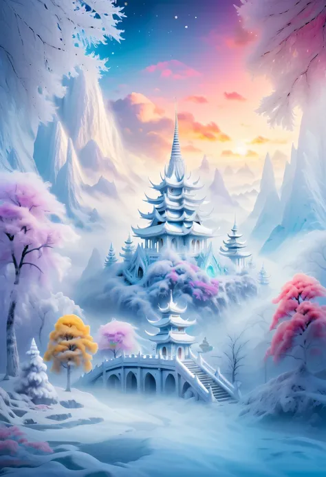 Dreamy Cloud and Mist Wonderland，winter landscape，Divine light illuminates the snow-white temple，like a dream，Surreal wonderland，Overlapping clouds and fog，Colorful snowflakes are flying，The tree of life blooms with endless vitality