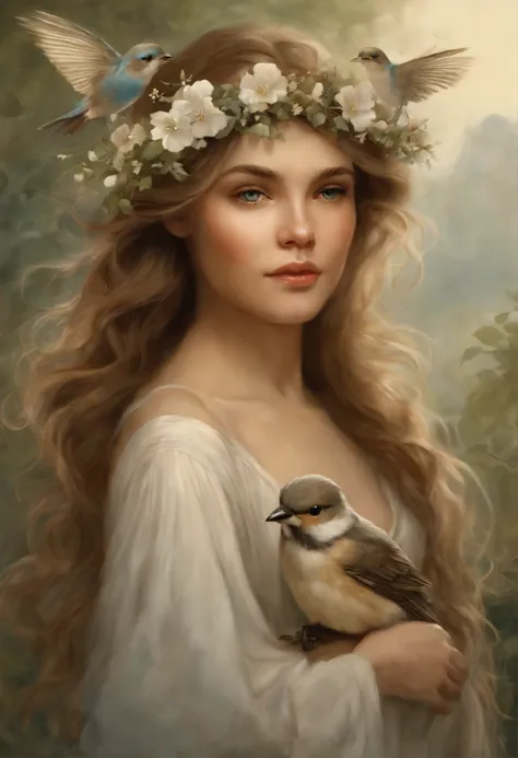 真实感, a painting, Fantastic tale, Christmas style, John Tolkien style, Small painting by Jean-Baptiste Monge,  A  girl (anatomically correct physique) ,   Arafed image of a blue-eyed light brown haired girl with a crown and flowers, loose, slightly wavy lig...