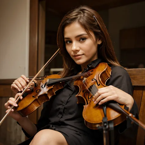 Quero uma imagem de uma garota de costas de cabelos meio cacheados com violino, orquestra e roupa chique.