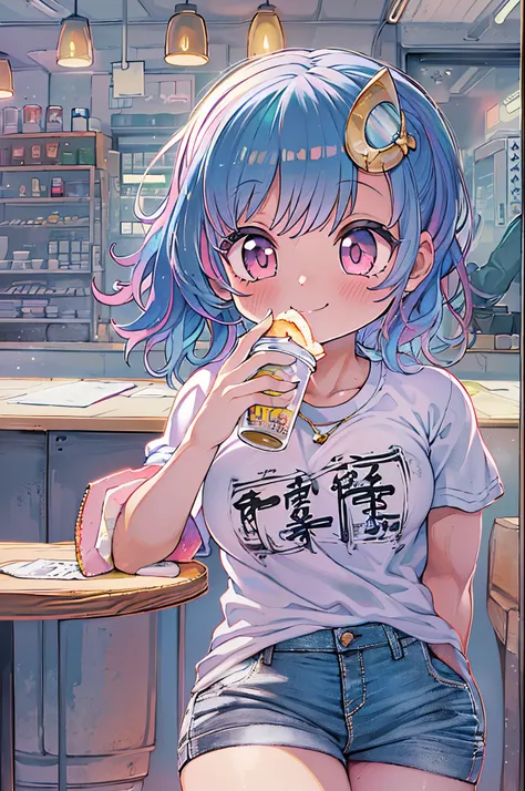 Anipoma 1,(masutepiece, Best Illustration, Best Manga), Solo, 1girl in, violet eyes, (Shiny skin, Soft hair), (Have a milkshake), freckle, (bright pink two-tone hair:1.3), (Wearing a Led Zeplin T-shirt, Denim jeans), (extreme light and shadows, Volumetric ...