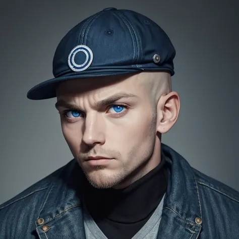 A mugshot of a bald guy, with a sideways cap on. Really big blue eyes that are piercing. A round jaw line. Has black circles under his eyes. He’s swag though.