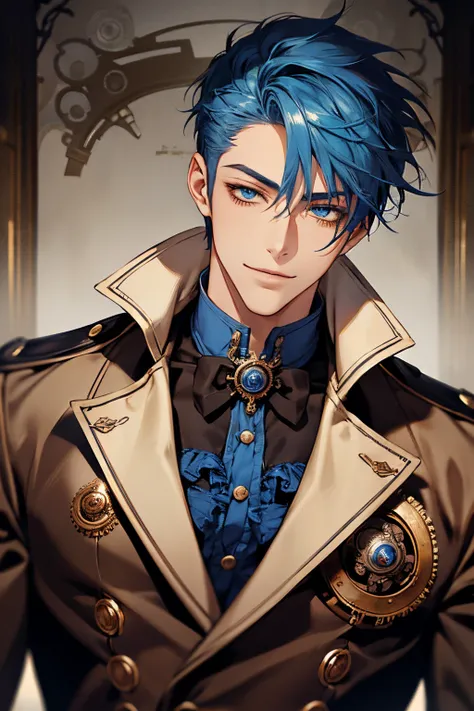 male, adult, blue hair, short hair, blue eyes, beautiful, handsome, prestigious, proud, confident smile, steampunk fantasy