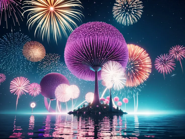 Craft a surreal landscape where fractal flowers bloom with each burst of 3D fireworks, symbolizing the passing of time in a vibrant, ever-changing canvas.