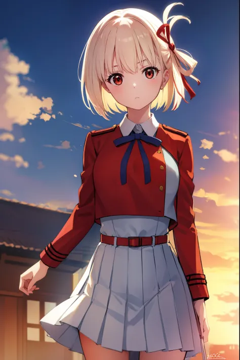 chisatonishikigi, nishikigi chisato, short hair, bangs, blonde hair, (red eyes:1.5), hair ribbon, one side up, bob cut,
BREAK shirt, long sleeves, dress, ribbon, white shirt, collared shirt, belt, neck ribbon, red dress, blue ribbon, pleated dress, grey dr...