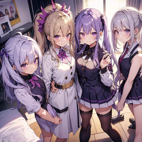 harem multiple girls school uniform smile long hair best quality masterpiece blonde purple hair silver hair pink hair future ponytail twin tails