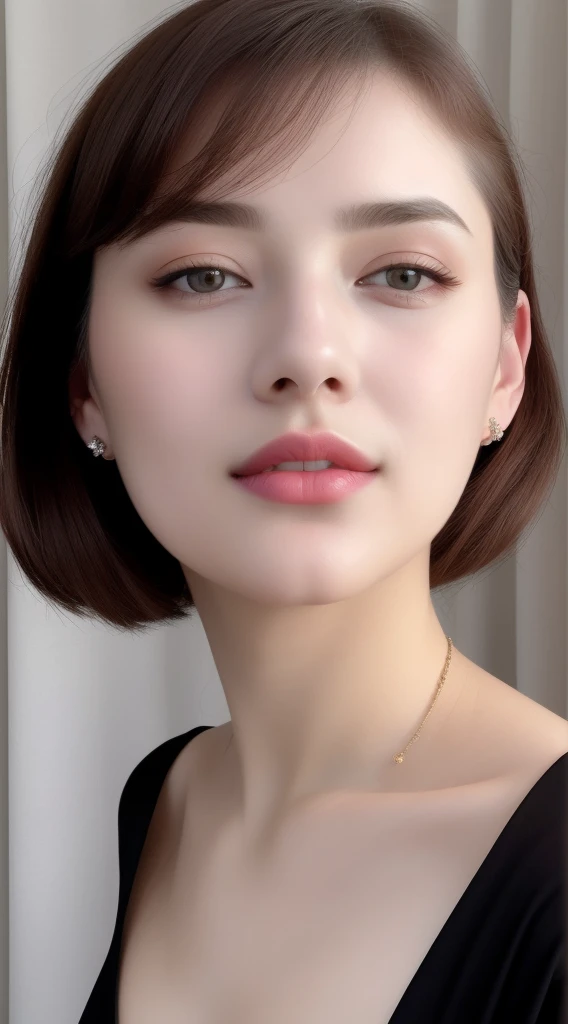 Masterpieces, ultra realistic, 1beautiful woman, pale oily skin, thin lips, big breast, dark jet pink lipstick, brown blond hair, shy, blushing, nose pin, necklaces, wear many accessories,