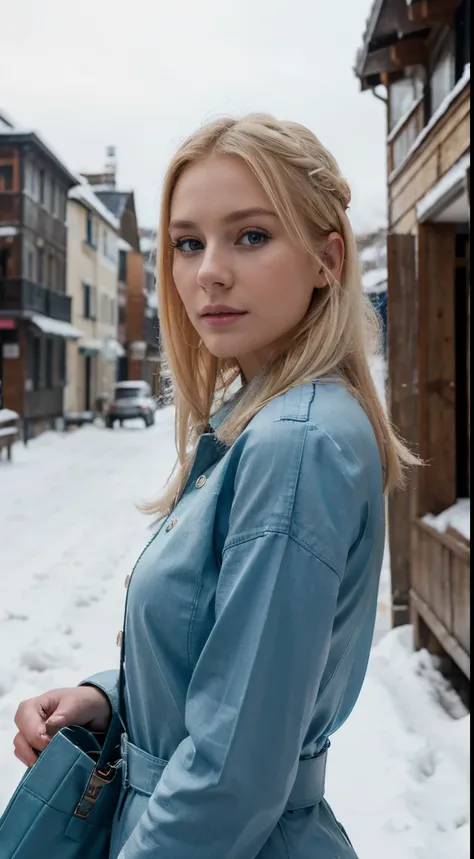 blonde de 25 ans, very classy, en tenue pour aller au bureau, yeux verts bleus, flirte avec la camera, blonde hair, white hair, flirty, makeup, outside, winter, snow, looking away from camera, 135mm, Canon, f/16, UHD, anatomically correct, masterpiece, tex...