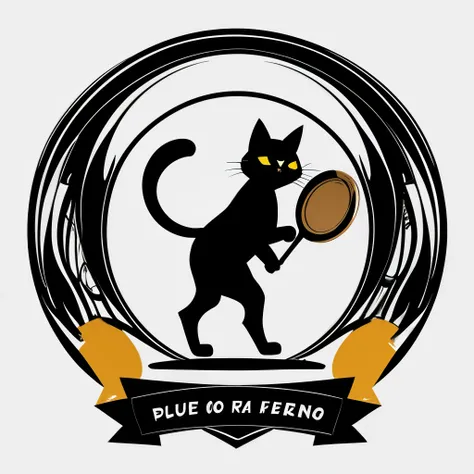 A black cat standing on two legs and holding a frying pan、streetart、Logo Design,vector,Friendly design、White background、、cartoon、Retro、Vintage、Picasso style