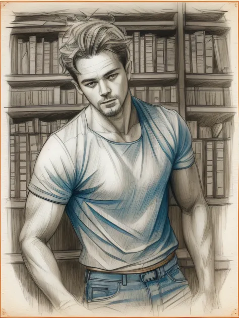 drawing inside an enchanted library, very handsome man, with wavy hair, full body, tanned, blue eyes, eyes dancing, dressed in a...