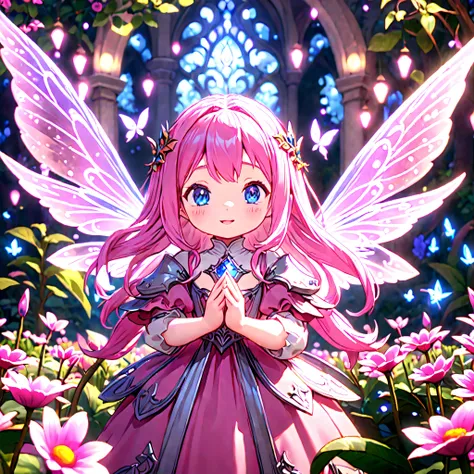 Medium-shot:1.5, Straight-on:1.5, A (Lalafell) with long pink hair, blue eyes, dressed in regal princess pink attire, adorned with delicate fairy wings, with a warm smile, arms open, inviting a hug. Background: A magical, ethereal garden in Eorzea, with sp...