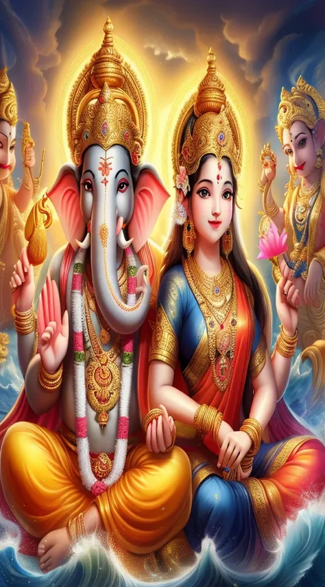 lord ganesha and his wife sit on the waves, hindu gods, hindu art, hindu god, indian goddess of wealth, ganapati, hinduism, ganesha, indian god, ganesh, hd wallpaper, hindu aesthetic, hindu ornaments, beautiful image, symmetric!!, indian goddess, divine go...