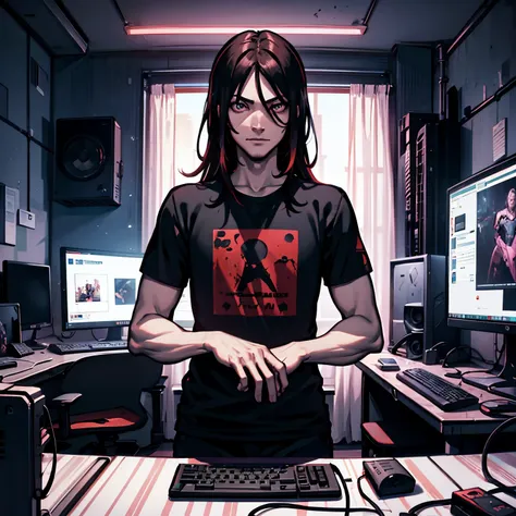 1guy.cool,facing at monitor,clean room,editing videos in gaming setup,red and black lights,gaming room,wearing black t shirt,loo...