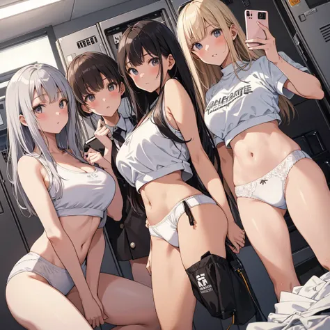 (masterpeace, high quality), multiple girls, schoolgirls, gym locker room, (white  panties), white bra, (group selfie), wide angle, soft light