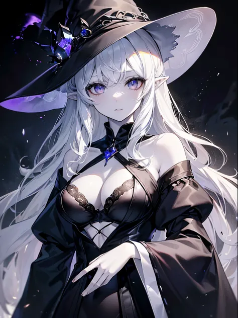 (masterpiece,best quality,ultra-detailed),1girl, pointy ears, witch hat,delicate:1.2, beautiful, mystical, surreal,(seductive),((pale skin)),grey and black hair,ashes hair,long hair,messy hair ,curly hair,medium chest, medium body,(25 years old), witch clo...