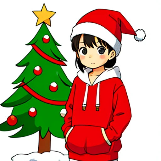 A cute little girl in a Santa hat and hoodie has her hands in her pockets in front of the Christmas tree。.