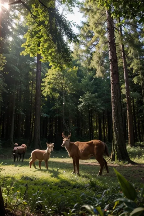 pixel picture of forest animals located in forest in the sunny mornin