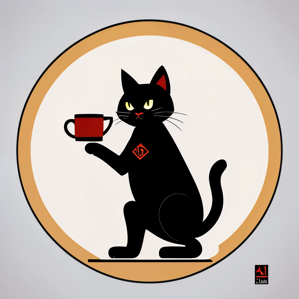 A black cat standing on two legs and holding a mug、streetart、Logo Design,vector,Friendly design、White background、、cartoon、Retro、Vintage、Picasso style