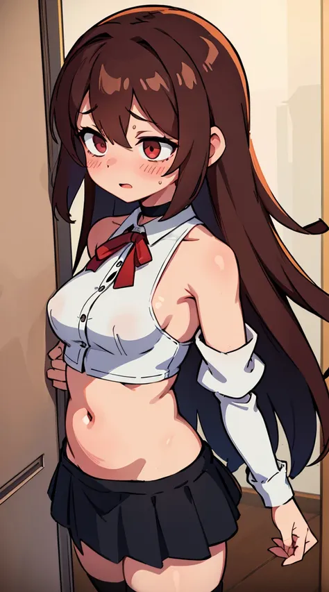 Brown_long_hair, 1girl, hair_over_one_eye, blush_on_cheeks, nipple outlines, excited, embarased, ashamed, shy, turned_on, black_choker, red_shoulder-length_shirt, open_shoulders, open_breasts, tiny_blue_skirt, perfect_quality, perfect_high_resolution, mass...