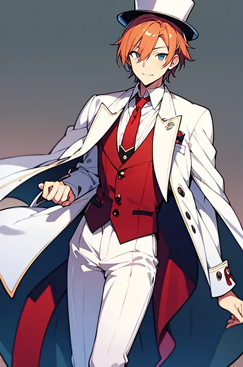 masutepiece, Best Quality, 1boy, Solo, White suit, white cape, Top hat, monocle, red necktie, Blue shirt, Full body