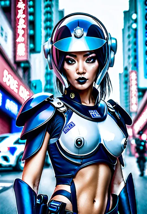 sci-fi city street with police car, beautiful Asian police woman wearing police riot gear bikini and cyberpunk helmet with wide eyes and cleopatra style eyeliner, masterpiece, est quality, super detail, anatomically correct, highres