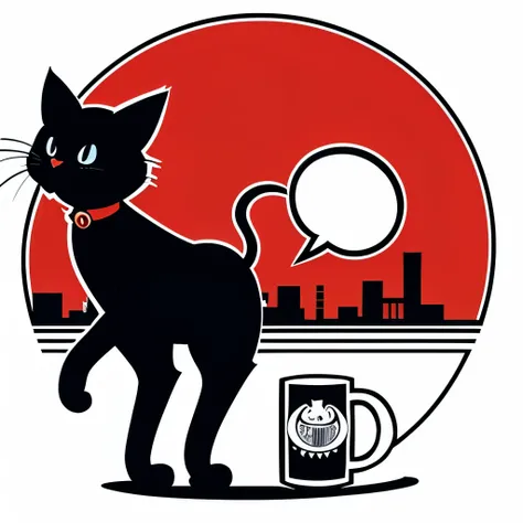 A black cat standing on two legs and holding a mug、streetart、Logo Design,vector,Friendly design、White background、、cartoon、Retro、Vintage、Osamu Tezuka style