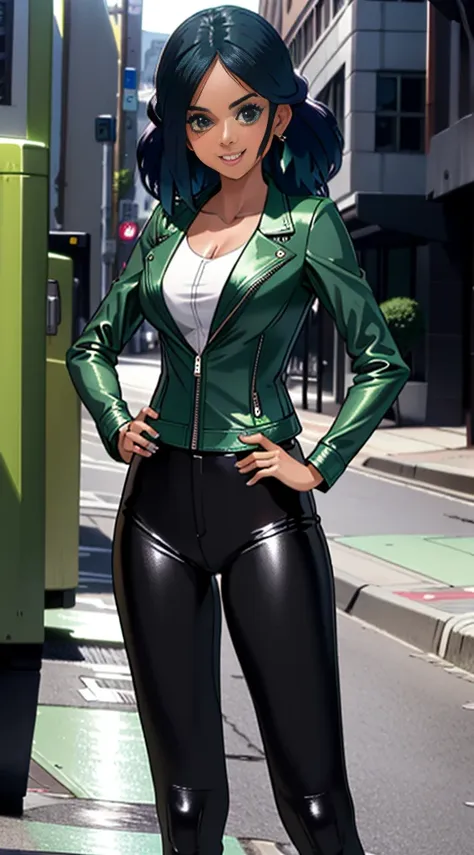 mulher loira bonita, cabelo loiro lindo, corp o perfeito, green leather jacket going to nightclub smiling on night street posed ...