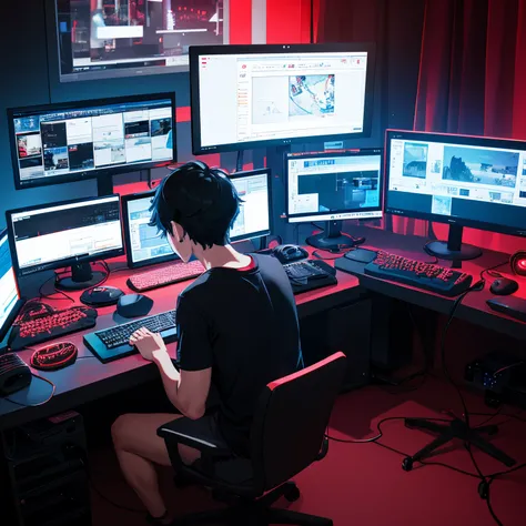 1guy,cool,looking at monitor,Editing Videos on PC,Red and black lights,Gaming Room,Wearing black empty t shirt,looking at monitor,using mouse and keyboard,Davinci Resolve on Monitor,Sit,black short hair,not looking back