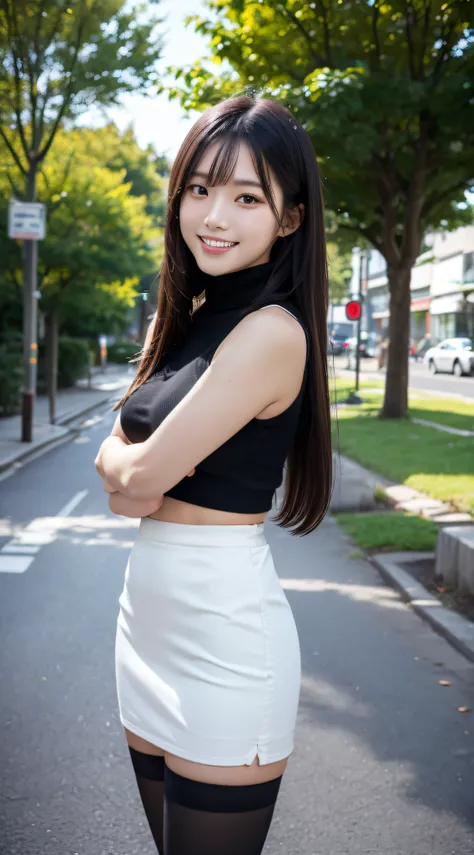 1girl in, 24 year old,（12-head body:2.0）,（beauty legs:2.0),(Refreshing smile:1.2),(Look at viewers:1.1）,straight haired, Long hair, （hide ones hands:2.0） 、(Medium Large Breath:1.2)、High neck sleeveless knit, （Black tight skirt:1.5）,（Black stockings）, (a ja...