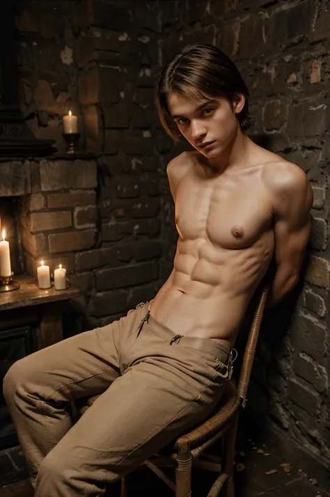 18 yo, shirtless, wearing beige pants, Slim, ripped twink, fair-haired, . Afraid. sitting on a chair. Trussed up completely with ropes, in a dungeon with gothic dors, candles and with a fireplace