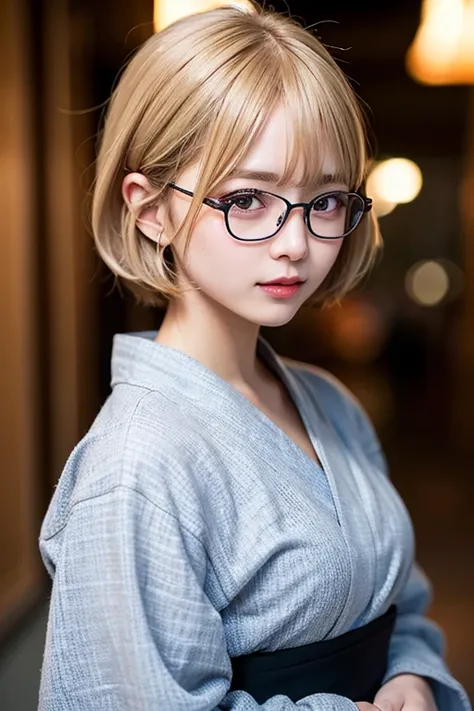 (8K, Raw photo:1.2), Detailed face and eyes,Best Quality, high resolution, Highly detailed ,intricate detailes ,masutepiece ,Cute Girl , Soft cinematic light, Hyper-detailing,Sharp Focus, High quality, Blonde hair, bob cuts, Yukata, wearing glasses