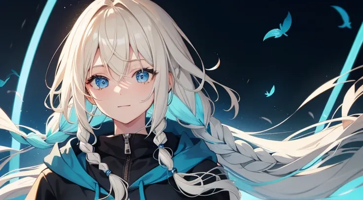 a blond,hair with light blue tips,Braids,Blue eyes,Black hoodie,Gentle,A slight smil,Black feathers