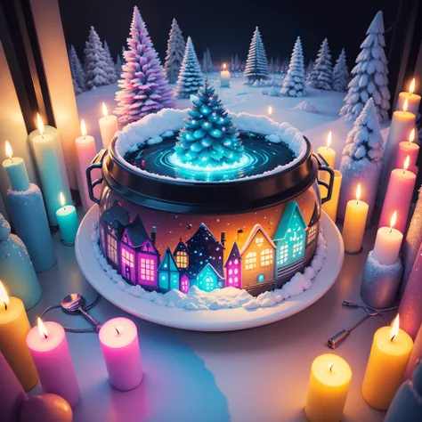 Winter wonderland and winter wonderland. in a pile of candle and candle canes, cute colorful, digital painting, cute detailed digital art, hyper colorful, neon coloring, cute digital art, beeple colors, colorful hd picure, beeple and jeremiah ketner, glowi...