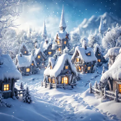 Close-up photo of a magical Winter Wonderland.., A winter wonderland with its snowy inhabitants, Winter snow houses and snow creatures, in a fabulous Winter Wonderland, A winter wonderland with its own details, great depth of field, Hi-Def, Extremely reali...