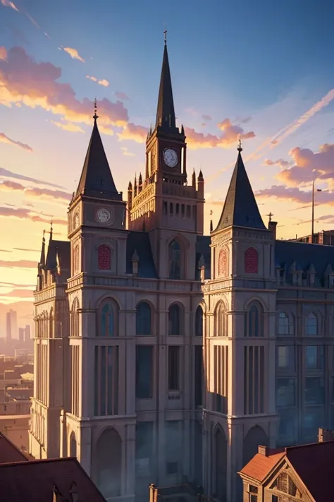 There is a big house，There is a clock in front, highschool background, Madhouse Studio anime style, House background, style of madhouse anime, Opening scene, Wallpapers!, anime backgrounds, shining golden hour, anime scene, anime movie backgrounds, golden ...