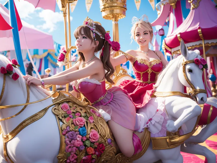 Craft a whimsical carnival where 3D hearts and roses form a carousel, with Cupid guiding lovers on a romantic ride through a realm of colorful fractal illusions, enormous tits