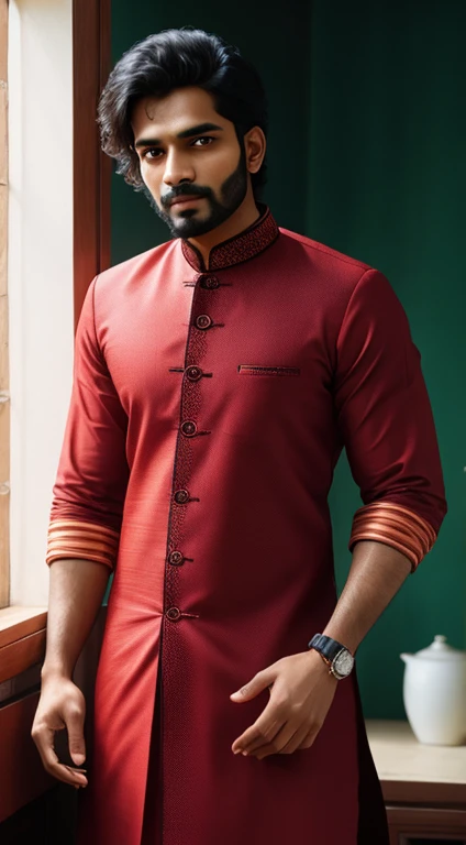 indian man, 25-years old, traditional red kurta, braclet in hand, cara de homem, gritar, real, armature, best quality, ultra high res, (photorealistic:1.4),, high resolution, detailed, raw photo, 400 camera f1.6 lens rich colors hyper realistic lifelike te...