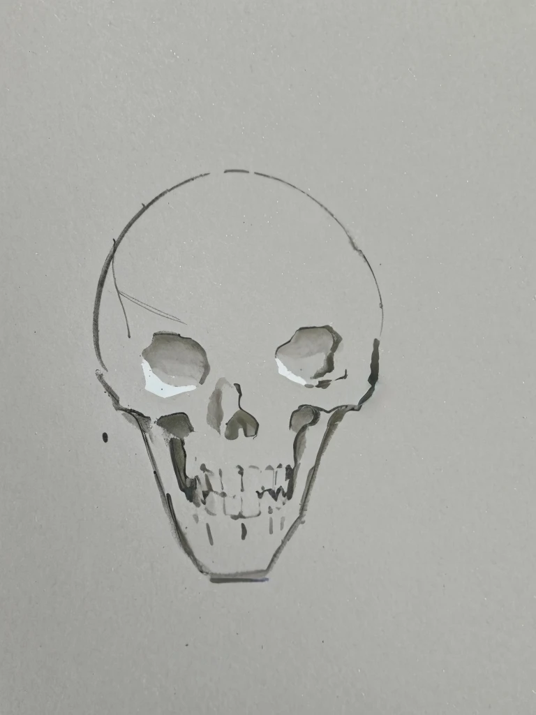 Draw a skull with face and mouth,  painting of a, smooth drawing,  shadowing,  cream,  cream cone,  Cream on the side, badly drawn, minimalistic painting, no shade, very flat shadow, Smooth shadows, Gloomy face, Melted face, a pencil sketch, a drawing, Eat...