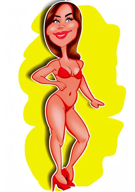 cartoon woman in red bikini with red shoes and a big smile, Corpo Pinup, menina Pinup, Retrato do meio do corpo, cel sombreado!!!, Pose de Pinup, Pinup, arte dos desenhos animados, caricatural, cel sombreado:15, Descrito!!!, menina Pinup, Comic Pinup style...