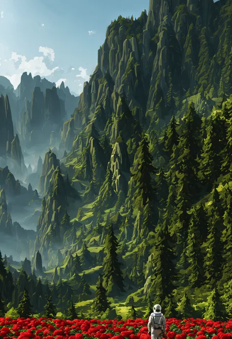 create a digital matte painting of a forest landscape with many tall green trees, with giant rocky mountains in a science fiction movie setting with ancient stone temples embedded in high rocks, the scene takes place in a clearing in the center of a dense ...