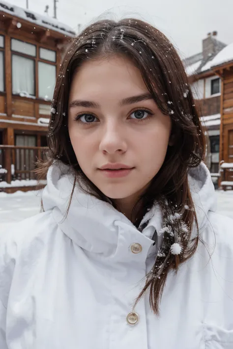 Real photography of a 20yo woman, perfect face, in snow background