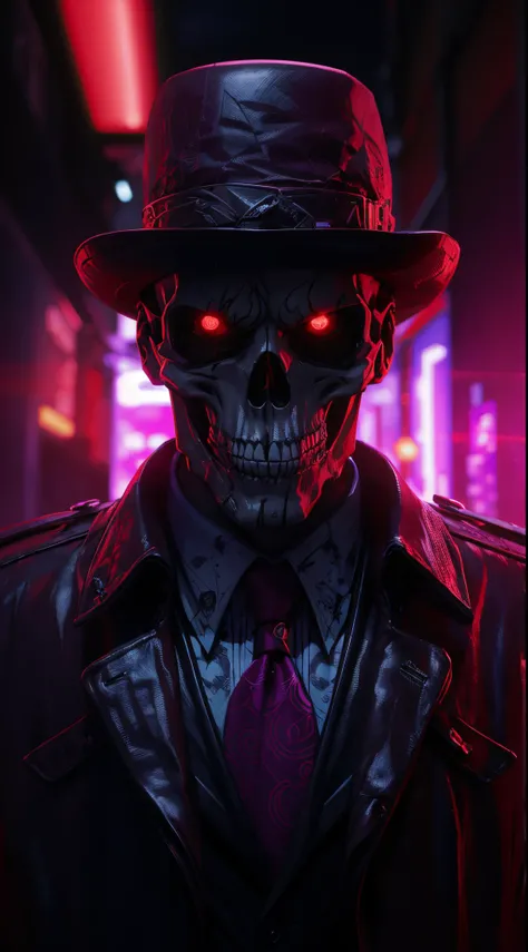 a cartoonish rich gangster skeleton a red neon, in the style of official art, technocore, cyberpunk, dark cyan and violet, money themed, ominous vibe,super detailed, 8k, high quality, highly detailed, 8k quality, 8k