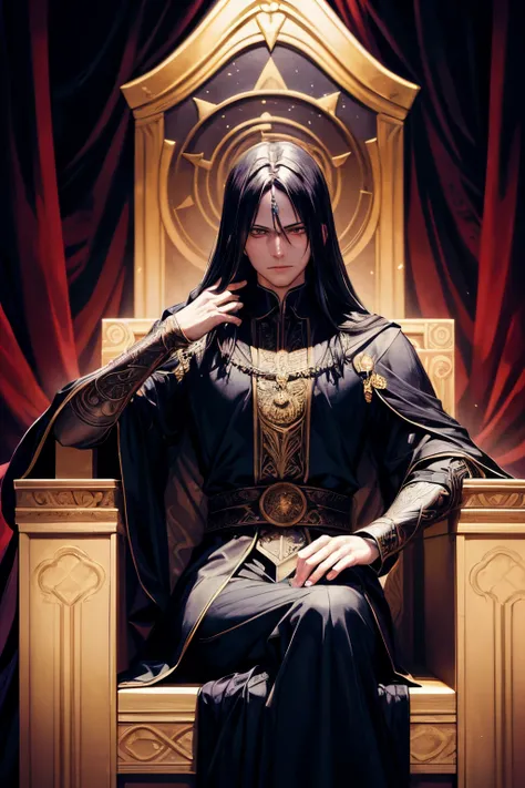 a portrait of the Shadow Judge as he sits on his throne ruling the world. The Shadow Judge is a powerful deity with control over shadows, and he exudes an aura of dominance and command. The throne is ornate and imposing, with dark shadows looming behind it...