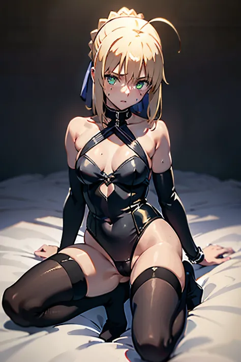 [high-level image quality、Best Quality,high-detail、 High resolution, distinct image, 8K,masuter piece、Draw clear eyes］、artoria、small tits、flat breast、Black latex、maikurobikini、(Black Over the Knee Socks:1.3)、pin heels、NSFW、Ahe-face、steam、sweat、Cam Drink、(N...