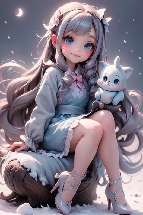 masterpiece,  best quality,  awinter fairy smiling,  slouching on a frozen flower,  blue smokey eyes make up,  hair bow,  pumps,  night sky,  magic lights floating around,  falling_snow,