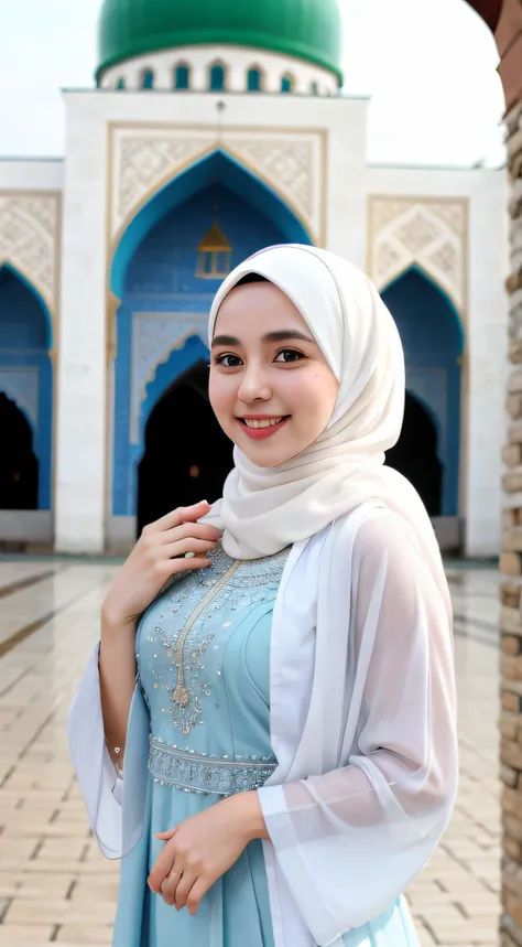 1 Girl, Beautiful, Russian Baby Face, 28 Years Old, White Skin, White Hijab Gamis Muslim Outfit, Big Chest, mosque Background, Wind, Smiling, Hand Beside Hipokeh:1.5))