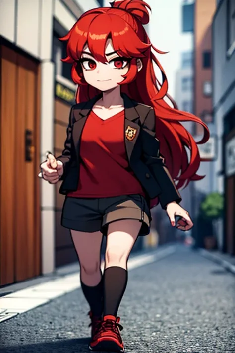 A red haired woman with red eyes is walking down the street in a nice jacket