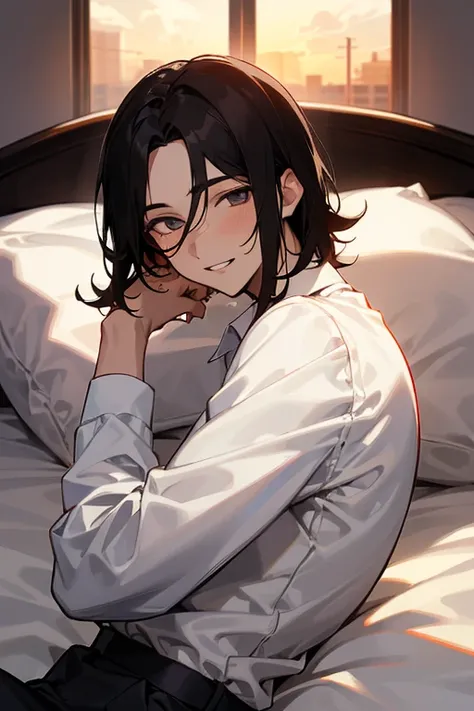 1 Boy, dark hair, white shirt, black slacks, on sheets, Long Sleeve Shirts, Fascinating, evil smile,(parted lips), sunset,(background: on bed in bedroom), high quality, high resolution, masterpiece