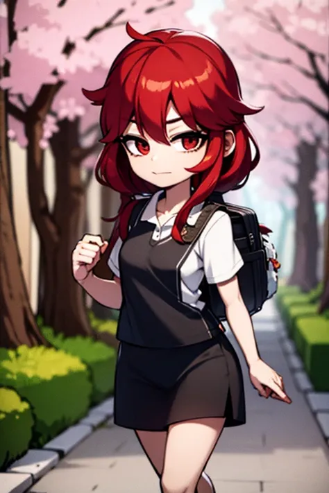 A red haired woman with red eyes is walking through a cherry blossom forest